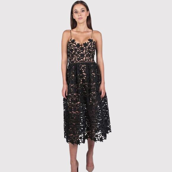 Self Portrait Dress Black Azaelea Midi V Neck Floral Overlay Evening Size 10 - Picture 1 of 15